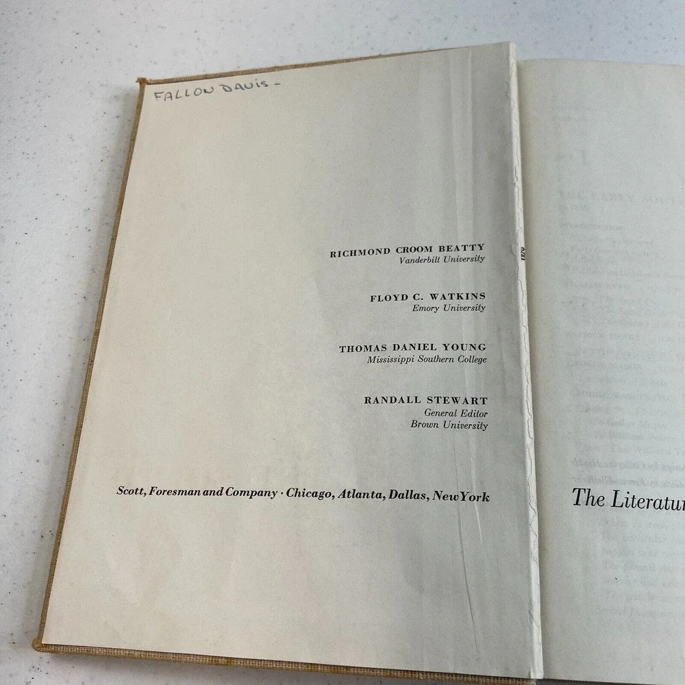 1952 The Literature of The South by Thomas Daniel Young Scott Foresman Hardcover